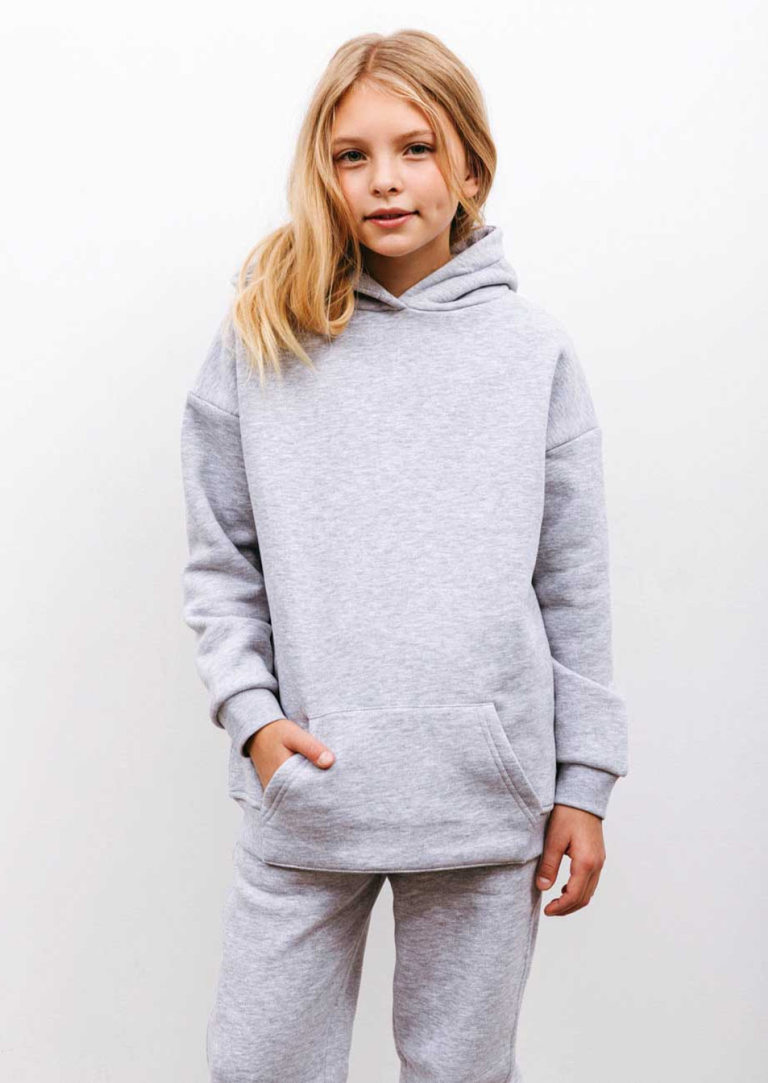 Grey melange color kids footer hoodie